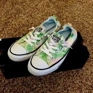 Converse All Stars women’s size 8.5. Tie dyed colors green, yellow, and purple.